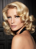 100% Human Hair Stylish Retro Party Hairstyle Medium Golden Full Lace Wig 14 Inches